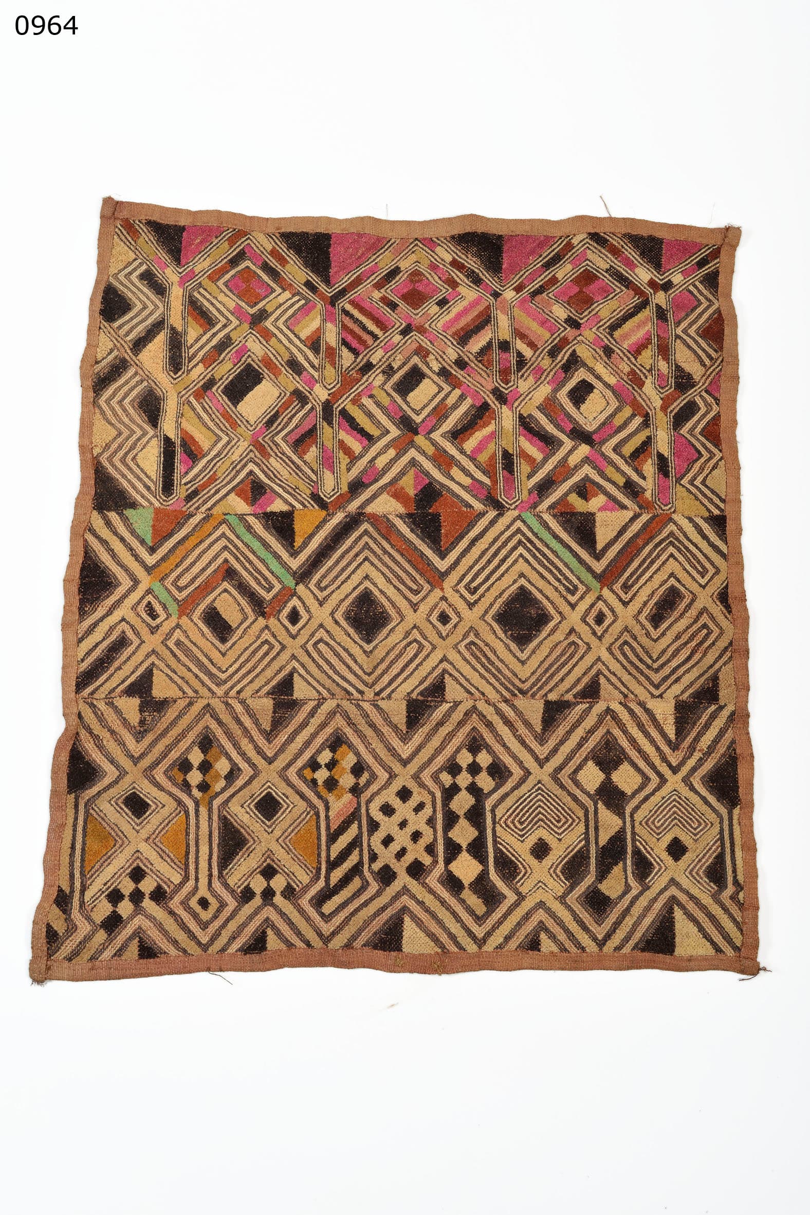 Kuba — ceremonial rug (Kuba tripartite polychrome sampler with pink/red)